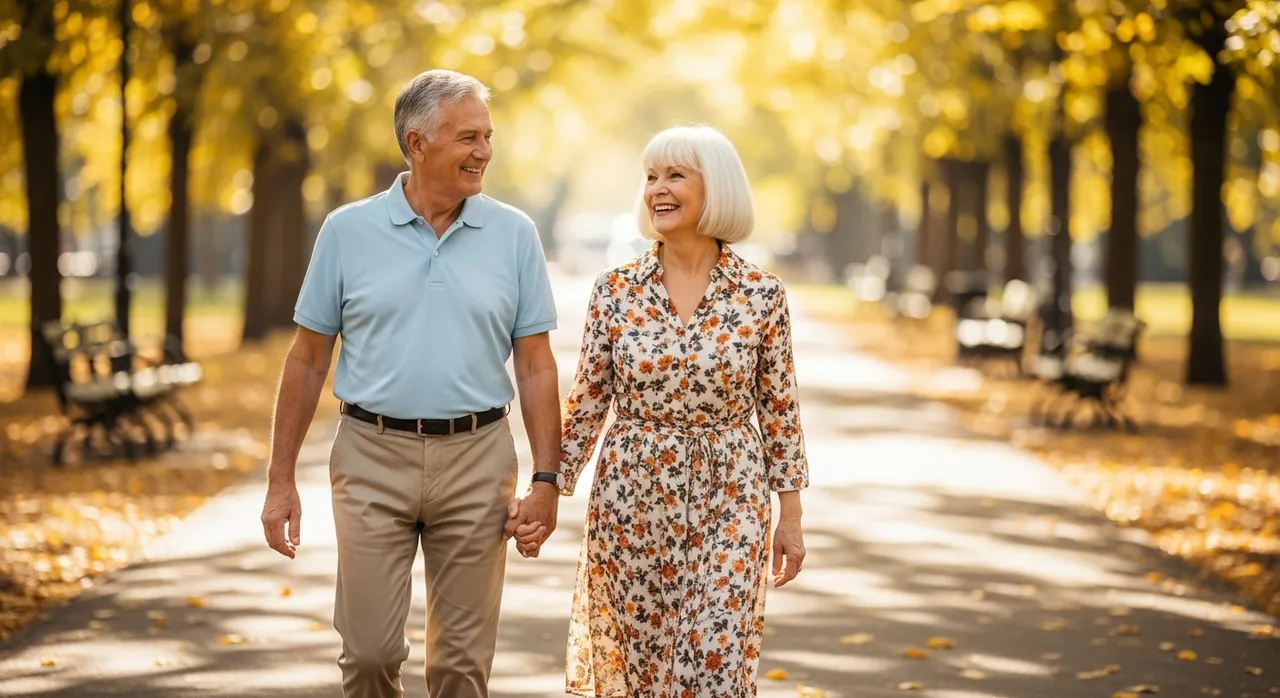Elderly couple walking happily in a park